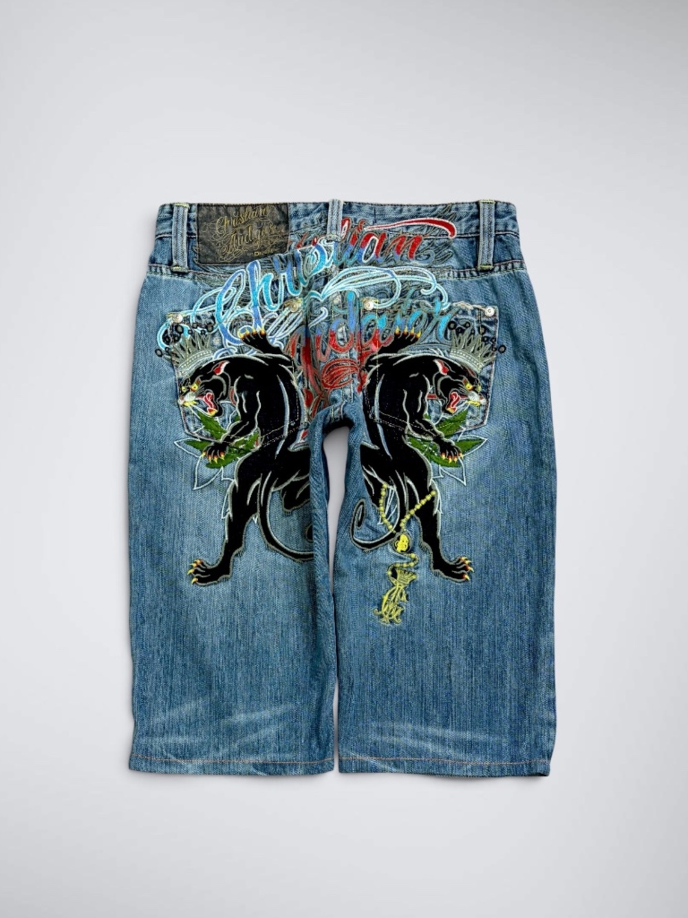 VTG Christian Audigier Double Black Panther Graphic Drop Rise Jorts | Y2K McBlin